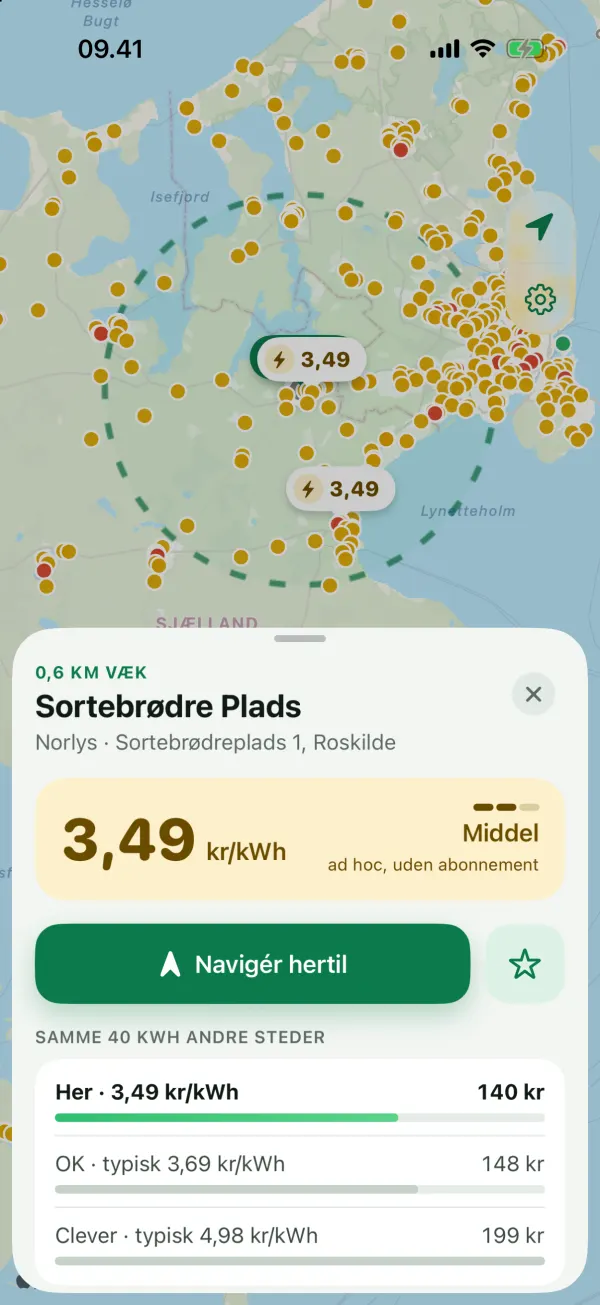 Laderen: pris pr. kWh, adresse og samme 40 kWh hos andre udbydere