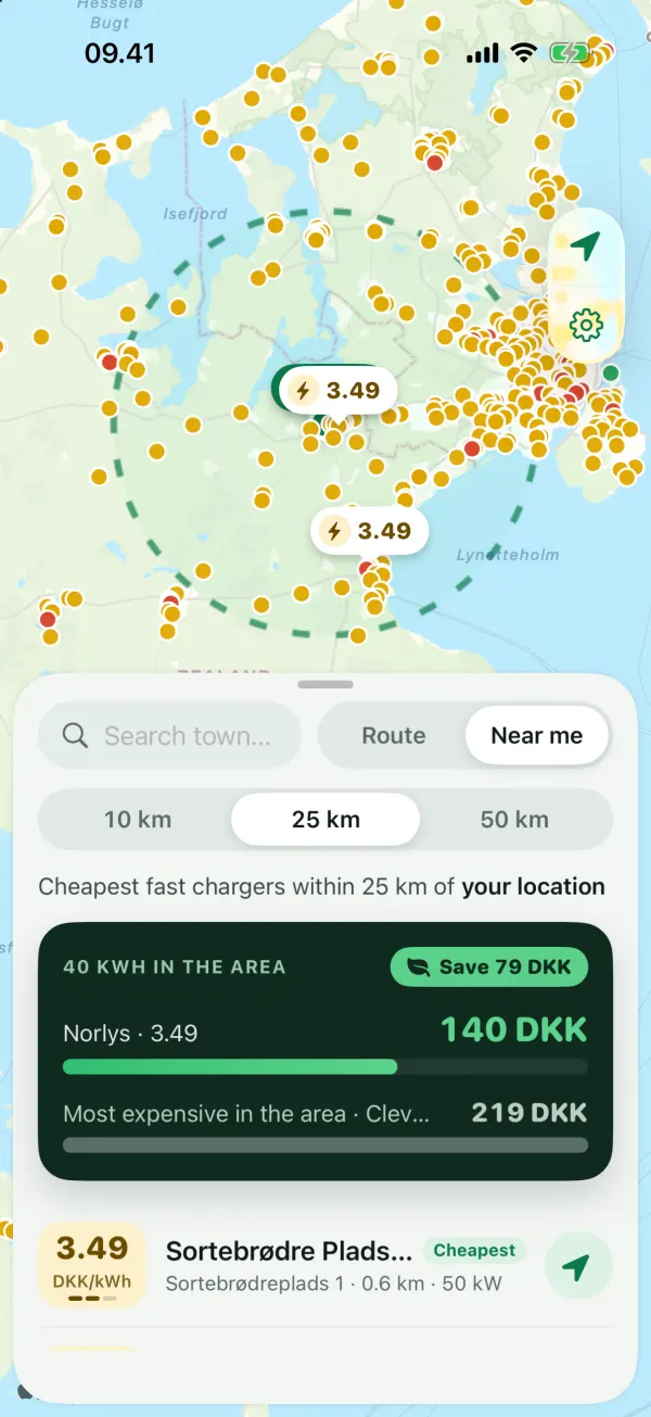 Elmer on iPhone: the cheapest rapid chargers within 25 km, with the price per kWh and what 40 kWh costs